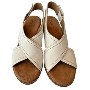 Women Cork Wedge Slingback Leather Sandals 10M White Clarks Artisan Aisley Tulip